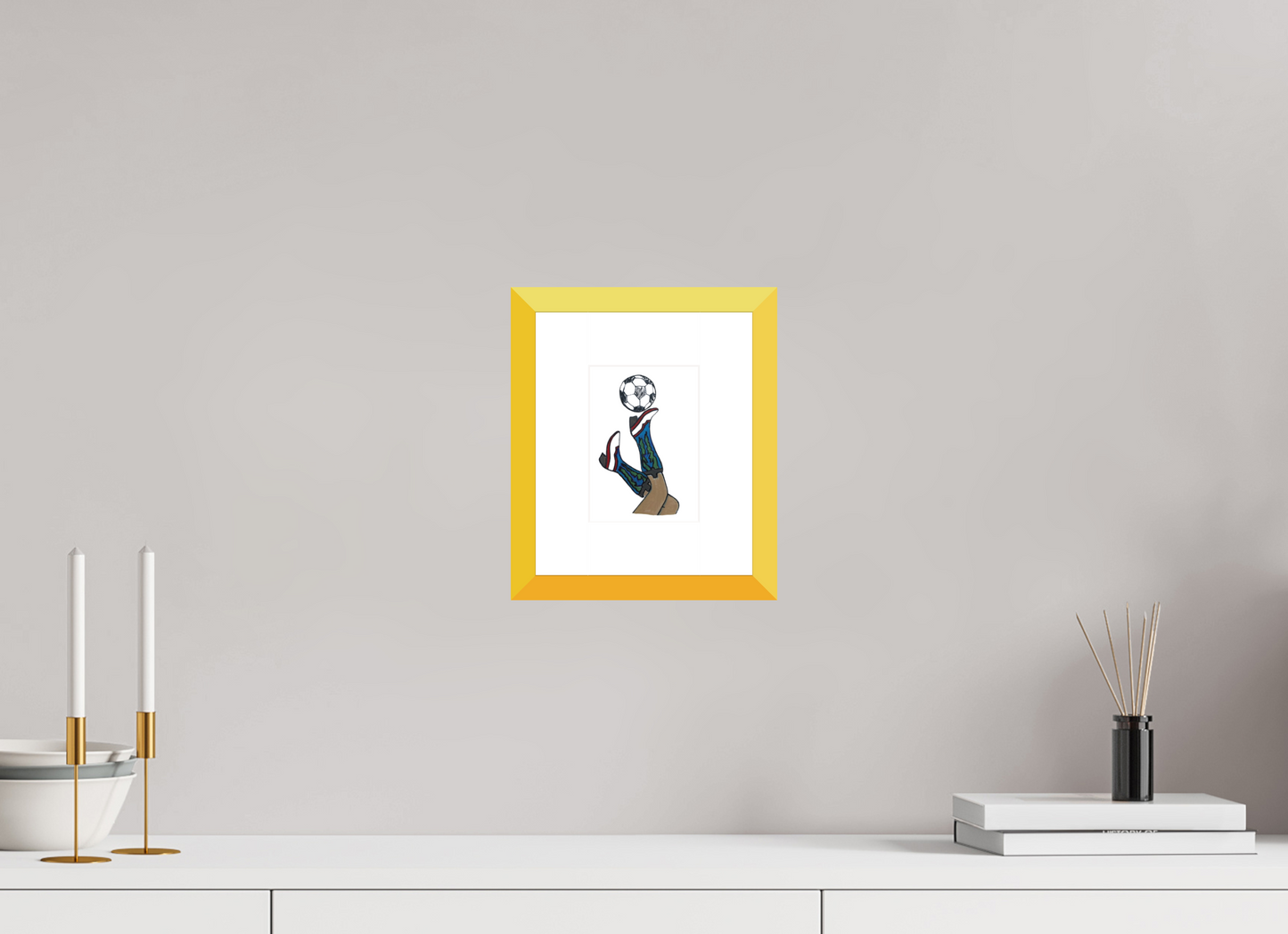 4 x 5.6″, photo print fuji velvet - yellow frame "Boots and Futbol" Print