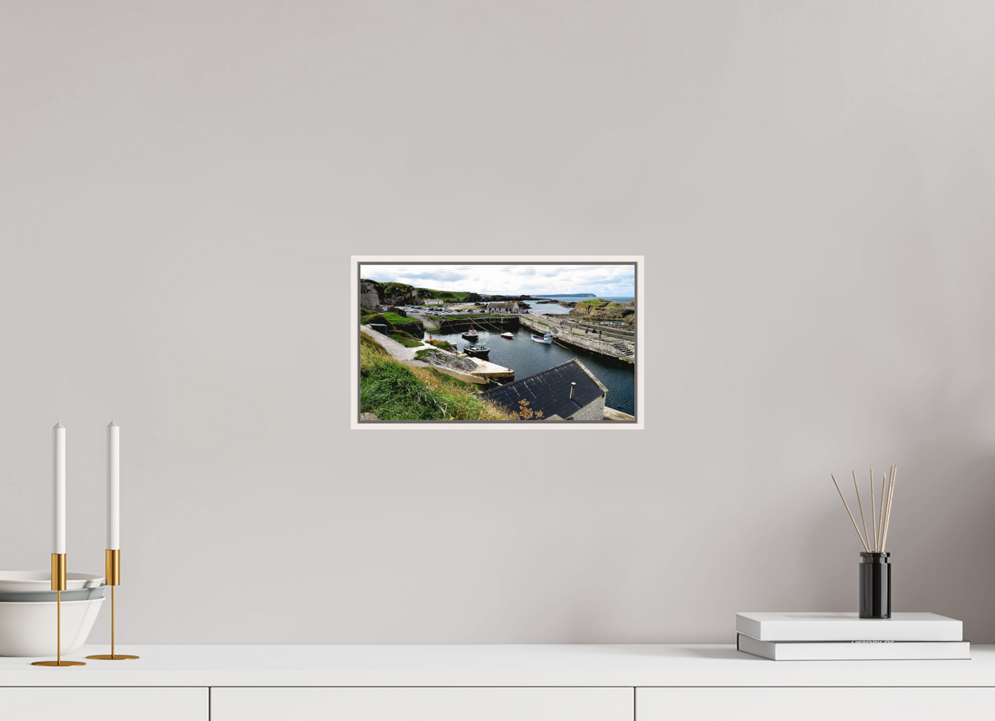 12 x 6.8″, Floater Frame Matte Acrylic Glass Ballintoy Harbour