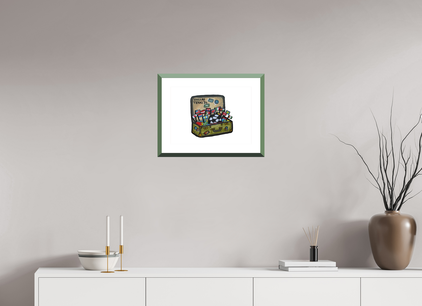 16.8 x 12″, Photo Print Fuji Velvet- Green Frame "Arrival in Dallas" Print