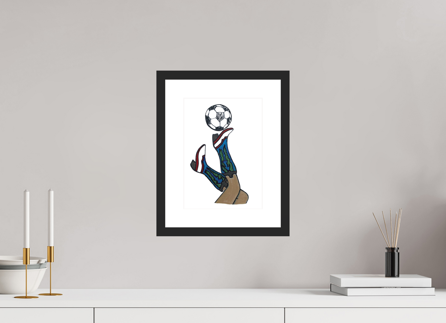 8 x 11.2″, photo print fuji velvet - black matte frame "Boots and Futbol" Print