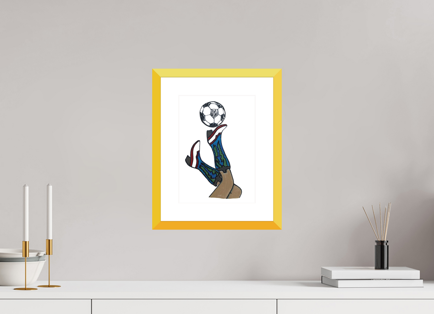 8 x 11.2″, photo print fuji velvet - yellow frame "Boots and Futbol" Print