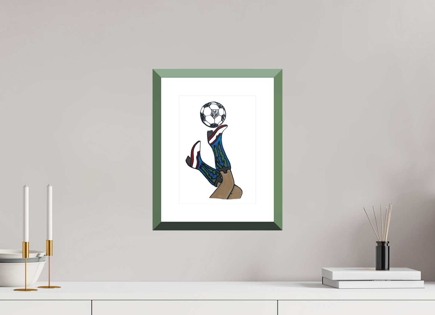 8 x 11.2″, Photo Print Fuji Velvet- Green Frame "Boots and Futbol" Print