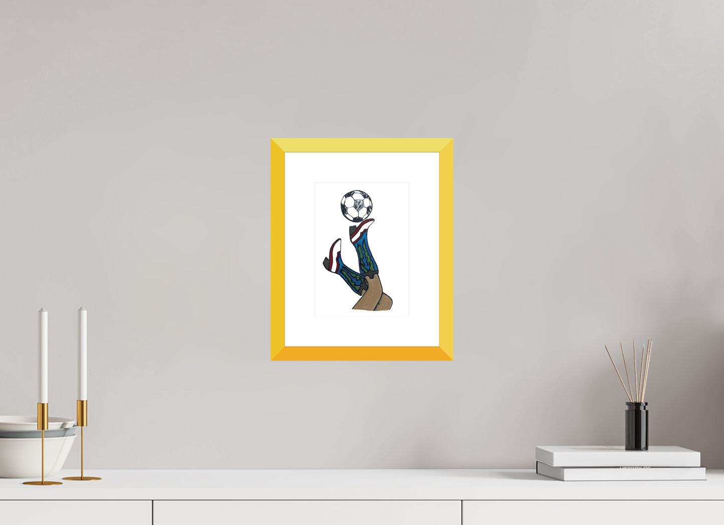 6 x 8.4″, photo print fuji velvet - yellow frame "Boots and Futbol" Print