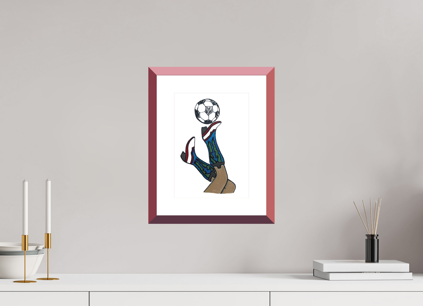 8 x 11.2″, photo print fuji velvet - red frame "Boots and Futbol" Print