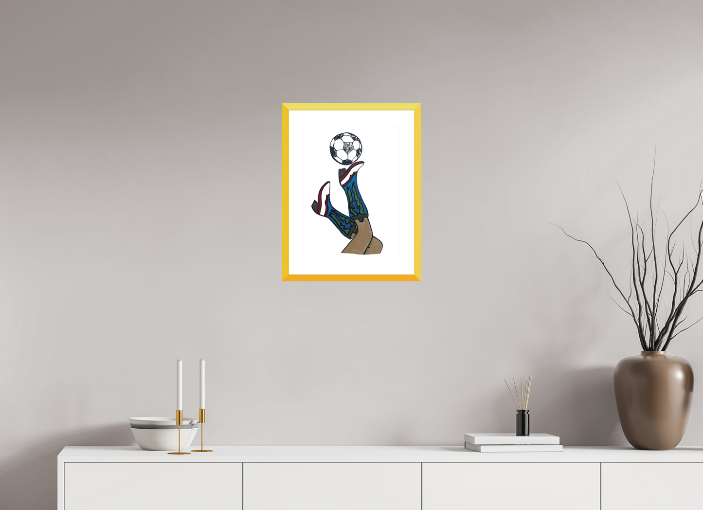 12 x 16.8″, photo print fuji velvet - yellow frame "Boots and Futbol" Print