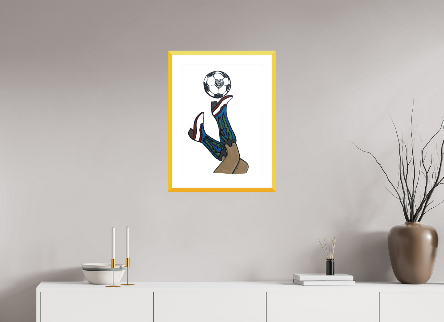 16 x 22.4″, photo print fuji velvet - yellow frame "Boots and Futbol" Print