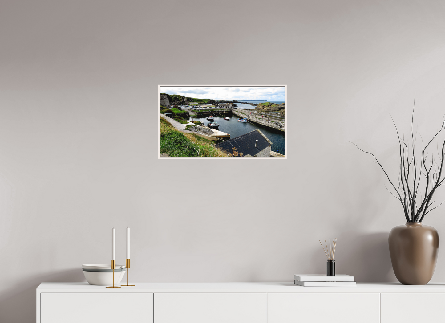 24 x 13.5″, Floater Frame Matte Acrylic Glass Ballintoy Harbour