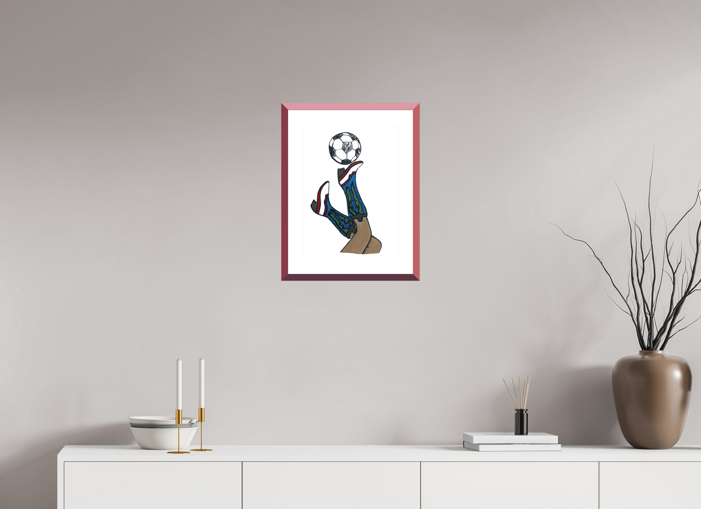 12 x 16.8″, photo print fuji velvet - red frame "Boots and Futbol" Print